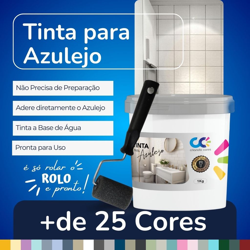 Tinta para Azulejo 1Kg + ROLINHO de 5cm VÁRIAS CORES Pronto Uso Alta Aderência Sem Primer Renovação Banheiro Cozinha em Oferta na Shopee