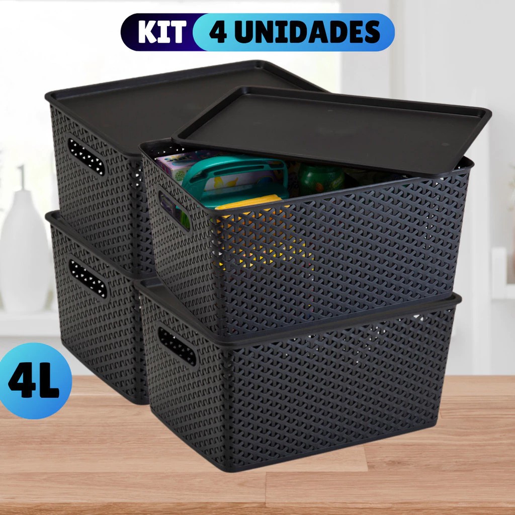 Kit Com 4 Cesto Caixa Organizadora Rattan Com Tampa 4 Litros Preto