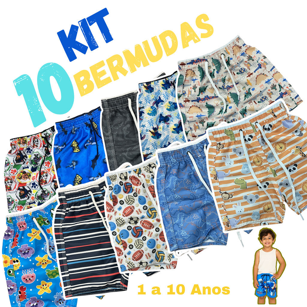 Kit 10 Shorts Infantil Menino Bermuda Juvenil Tactel Masculina Moda Praia, Bella Moda