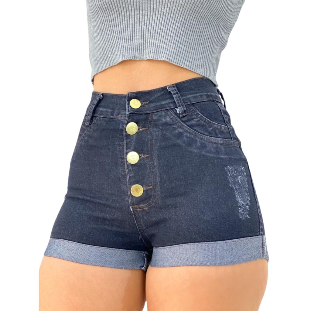 Short Jeans Feminino Curto Cintura Alta Escuro com Lycra Barra Dobrada Moda Premium Casual Verão Caju Family