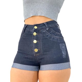 Short Jeans Feminino Curto Cintura Alta Escuro com Lycra Barra Dobrada Moda Premium Casual Verão Caju Family