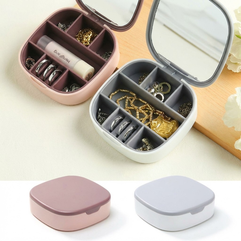 Estojo Porta Joias Portátil Viagem Com Espelho Organizador Anel Brinco Feminino 10cm