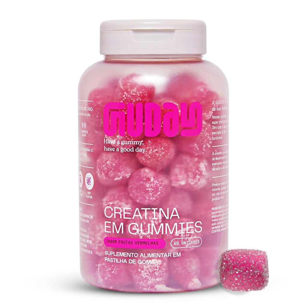 Guday Creatina Mastigável – 60 Unidades – Sabor Frutas Vermelhas, Suplemento Alimentar 1,5g, Sem Lactose e Glúten