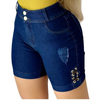 Short Jeans Feminino Bermuda Premium Cintura Alta Ilhós com Lycra Confortável Modelador Caju Family