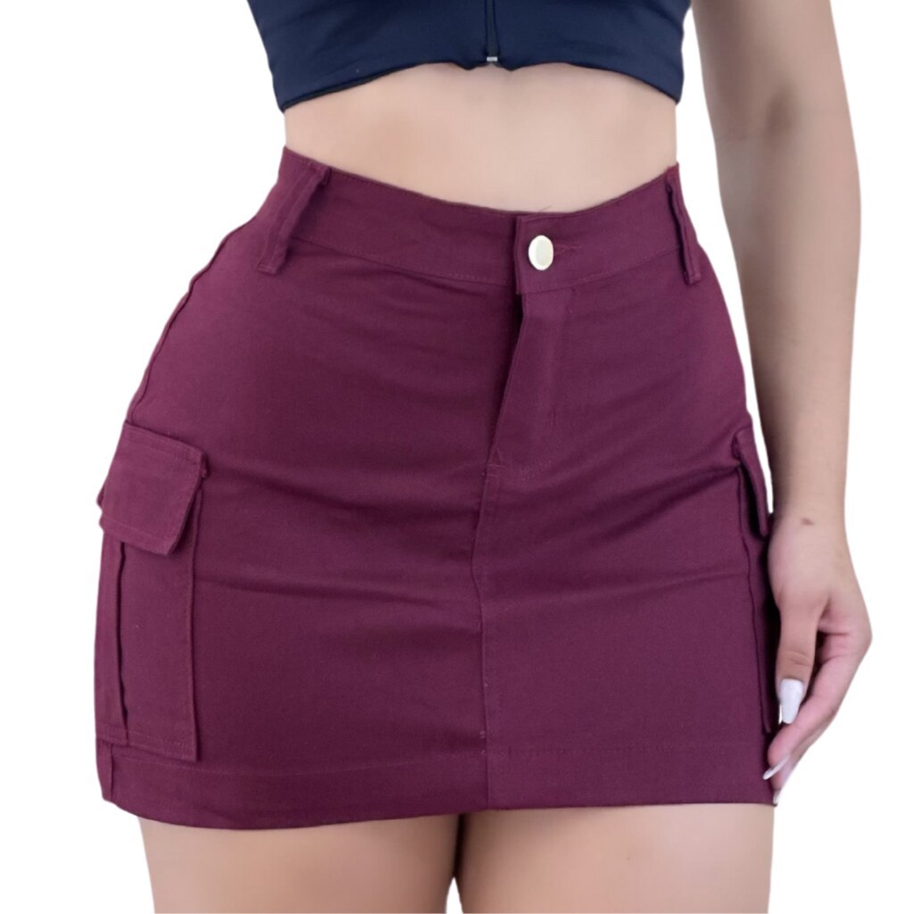 Saia Jeans Cargo Feminina Cintura Alta com Lycra/Elastano, Bolso Utilitário, Modelagem Confortável, Moda Casual