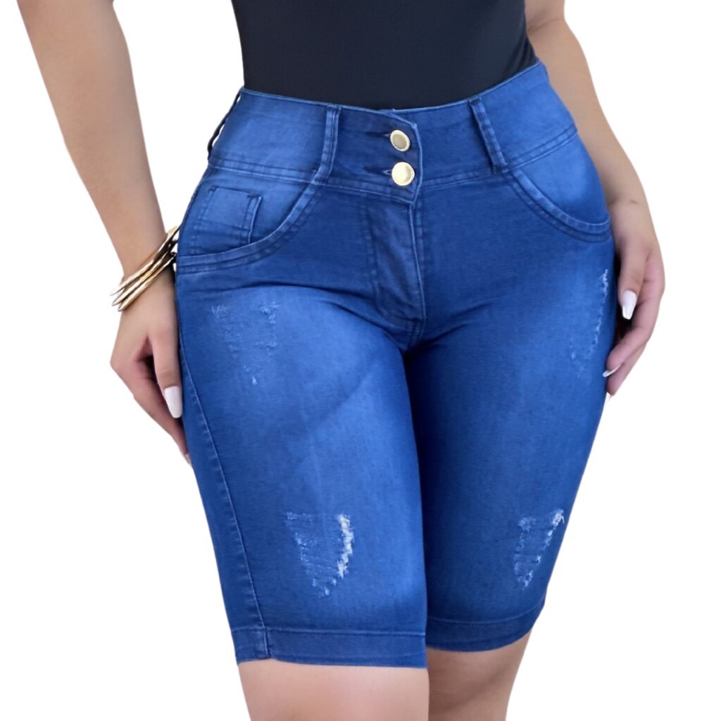 Short Jeans Feminino Pedal Escuro Lycra Cintura Alta Premium Modelador Confortável Moda Casual Caju Family  Ambos