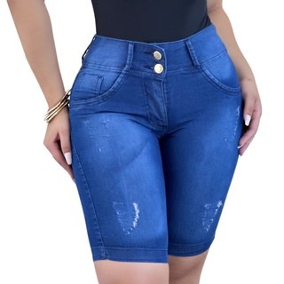 Short Jeans Feminino Pedal Escuro Lycra Cintura Alta Premium Modelador Confortável Moda Casual Caju Family  Ambos