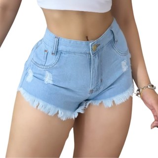 Short Jeans Feminino Claro Barra Detonada Cintura Alta Premium Confortável Casual Moda Caju Family