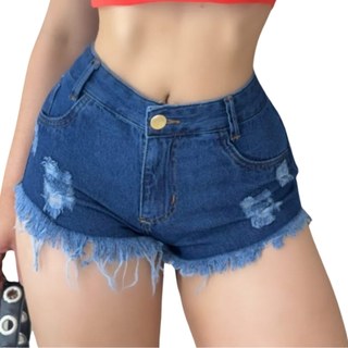Short Jeans Feminino Azul Curto Barra Desfiada,Caju Family