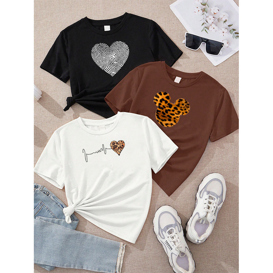 Blusa camiseta Feminina Kit 3 Coração Digital Preto Cabeça Mickey Onça Marrom Batimento Onça Off White