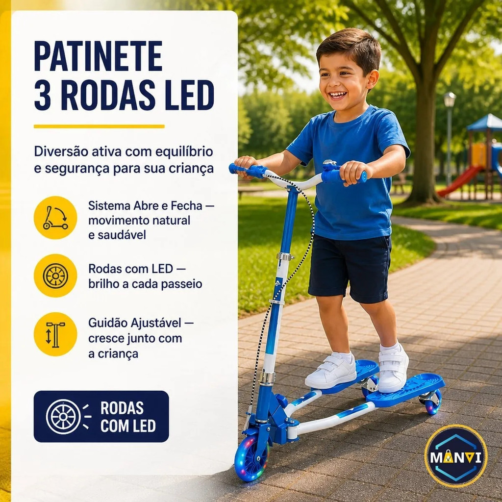 Patinete Infantil Criança 3 Rodas LED Dobrável Ajustável Freio Presente Criança Menino Menina