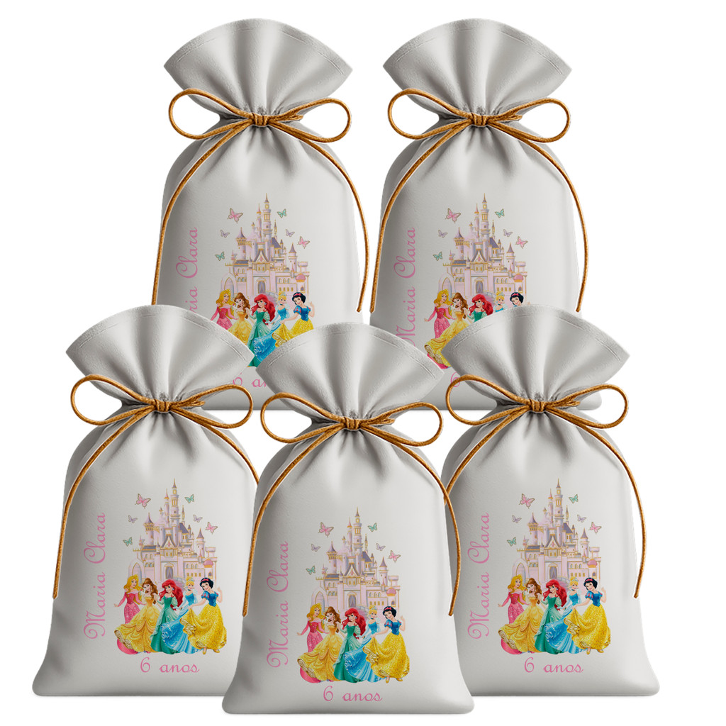 Kit 20 Saquinhos Sacolinhas Lembrancinha Festa Aniversário Tecido Personalizado Princesas, Castelo e Borboletas