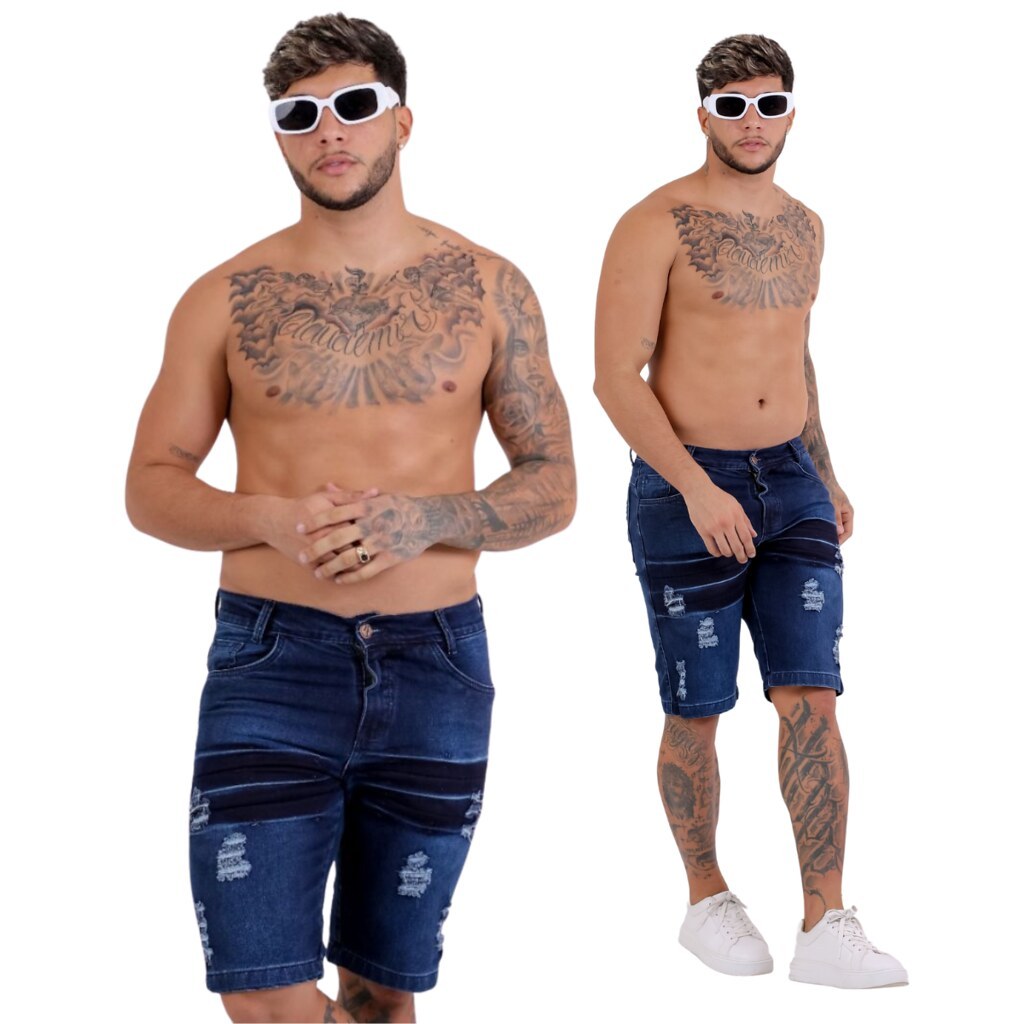 Bermuda Jeans Masculina Rasgada Destroyed Short Jeans Escuro Slim Com Lycra Elastano Casual Premium Sarja Moda Masculina