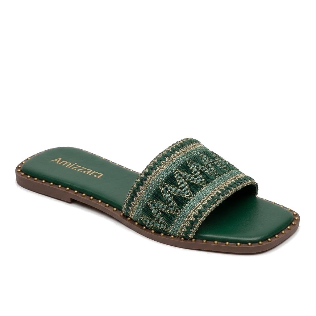 Rasteira Feminina Bordado Indiano Artesanal Verde Sandália Boho Bico Quadrado Confortável Leve Verão