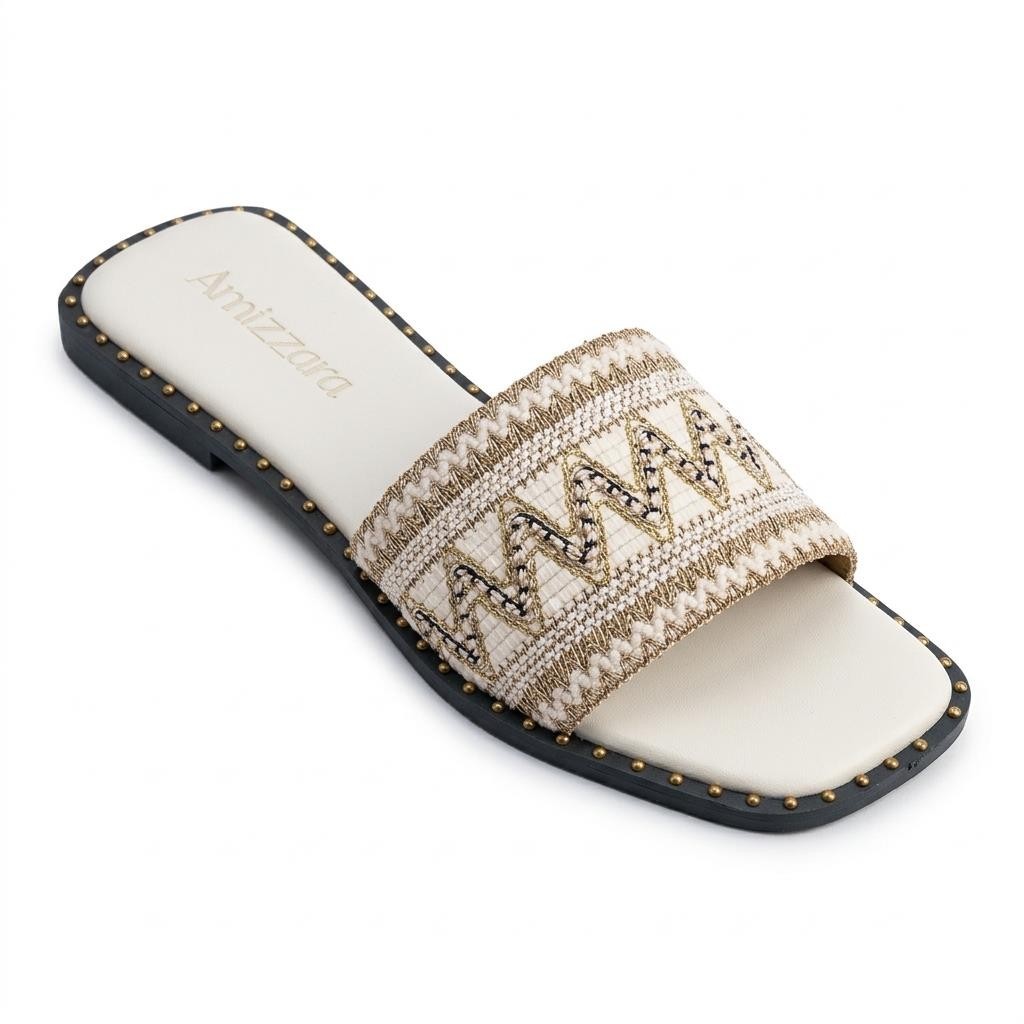 Rasteira Feminina Bordado Indiano Artesanal Branca Sandália Boho Bico Quadrado Confortável Leve