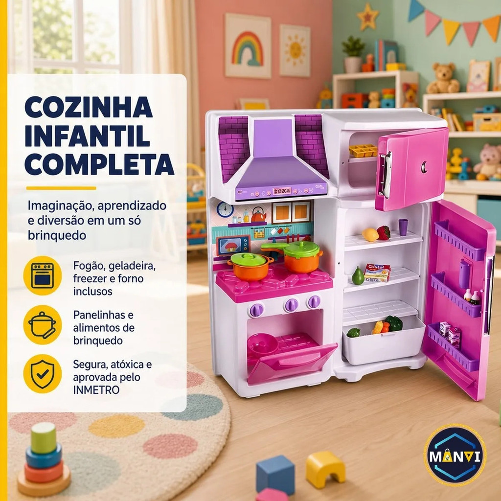 Cozinha Infantil Brinquedo Menina Fogão Forno Geladeira Coifa Rosa Panelinha Comidinhas Acessórios