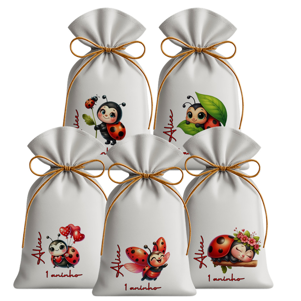 Kit 20 Saquinhos Sacolinhas Lembrancinha Festa Aniversário Tecido Personalizado Joaninha Sortidos