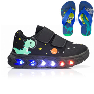 Kit Calçados para Meninos com Tênis Dino de Led Confortável Casual + Chinelo de Dedo Macio Leve em Oferta na Shopee