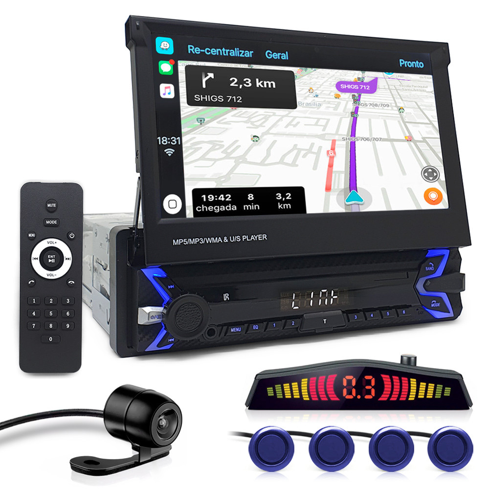 Kit Multimídia Tela Retrátil + Câmera Ré + Sensor Ré Azul Palio G3 2010 2011 2012 2013 2014 Espelhamento