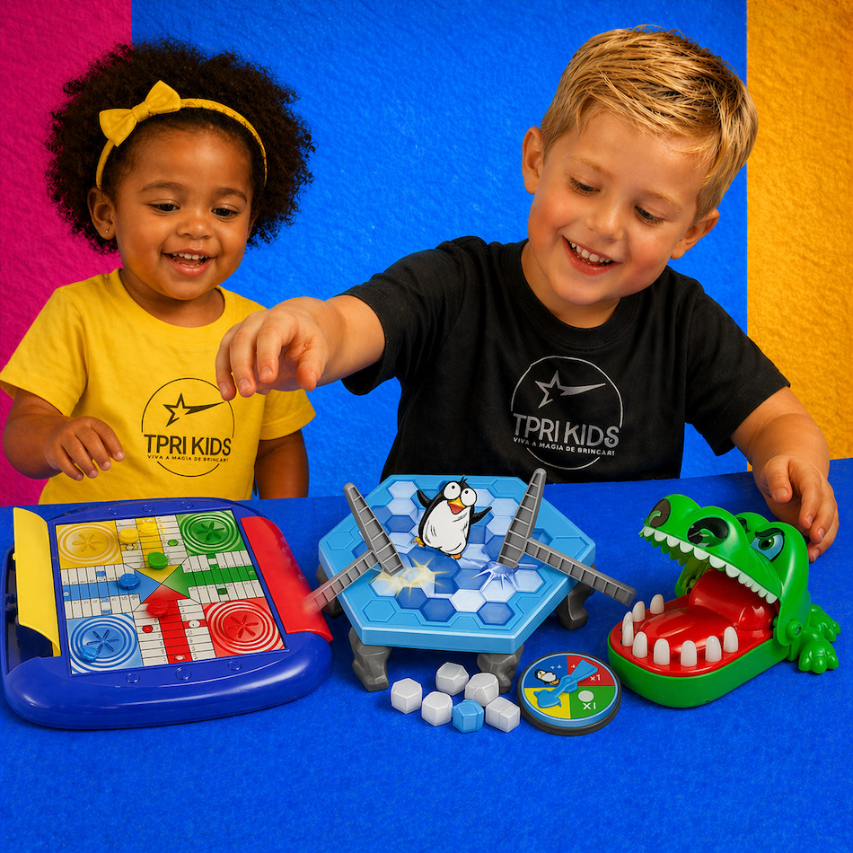 Kit 3 Brinquedos Educacionais Infantis Dama Xadrez 8 em 1 + Crocodilo Morde Dedo + Pinguim Quebra