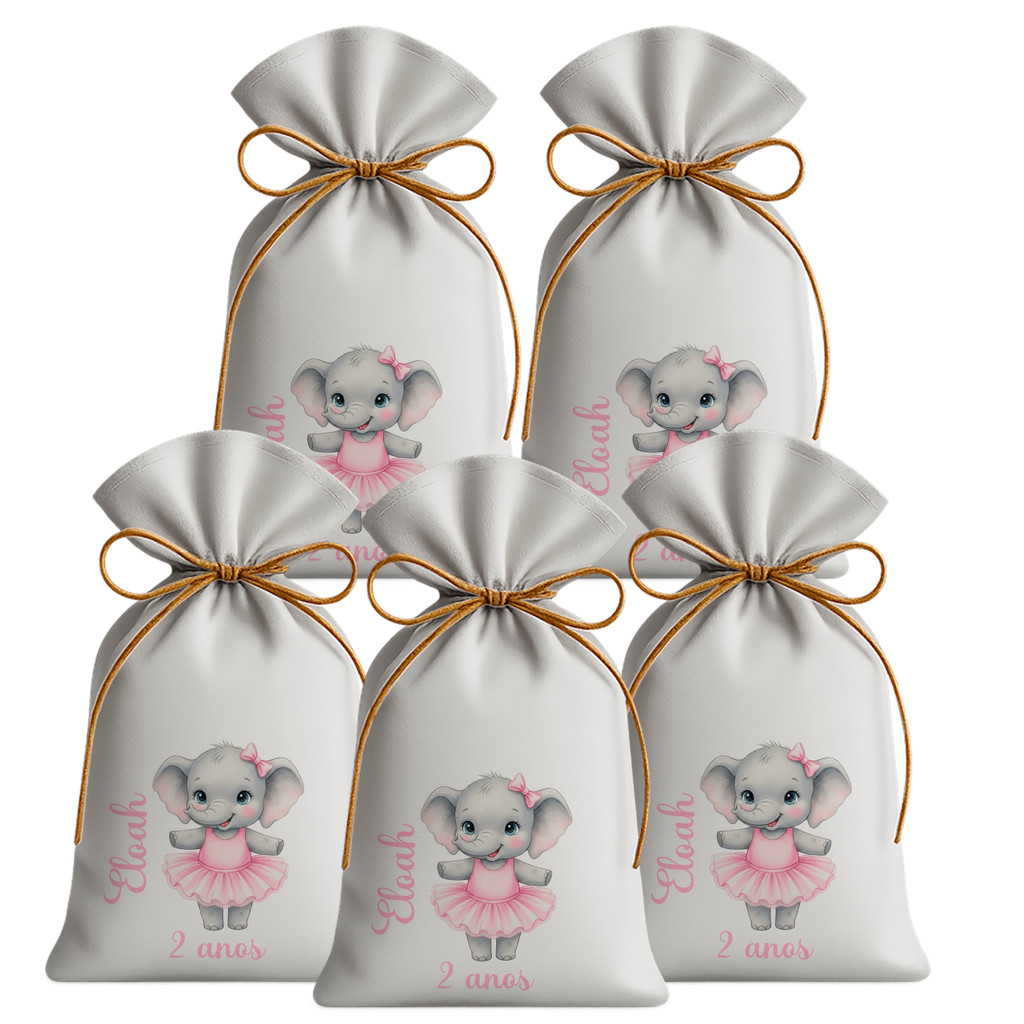 Kit 30 Saquinhos Sacolinhas Lembrancinha Festa Aniversário Tecido Personalizado Elefantinha Bailarina