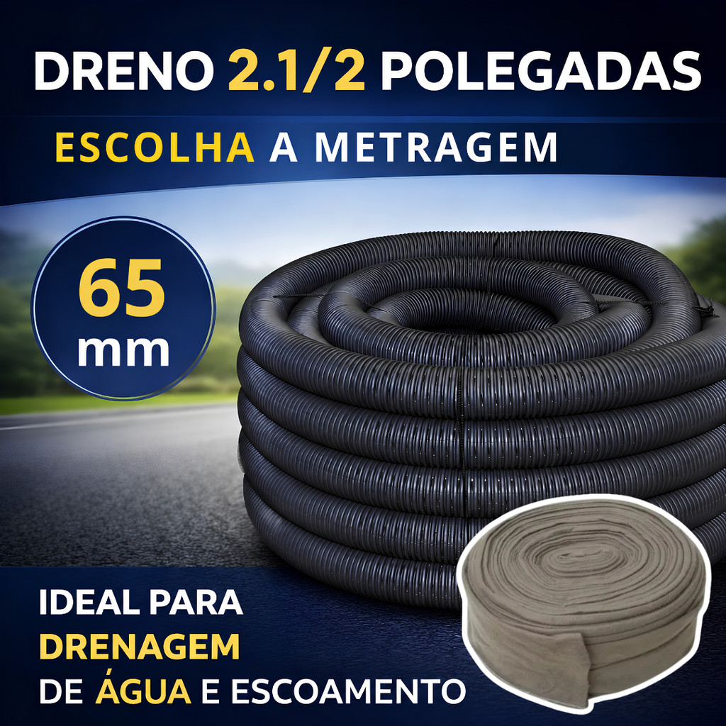Tubo Duto PEAD Corrugado Dreno Perfurado 2.1/2 pol (65mm) Rolo 10/25 Metros para Construção Kit com Camisa de Bidim
