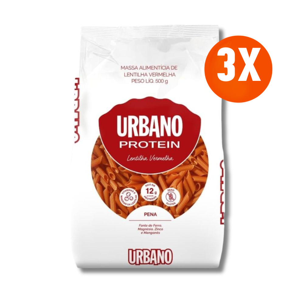 Kit 3x Macarrão de Lentilha Vermelha Pena Urbano 500g