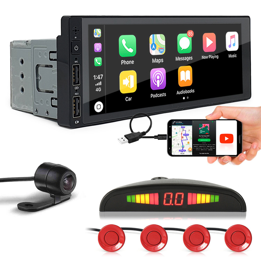 Kit Multimídia 1 Din + Câmera Ré + Sensor Ré Vermelho Corolla 2013 2014 2015 2016 2017 Espelhamento Carplay Car Play