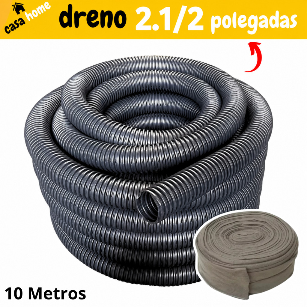 Tubo Duto PEAD Corrugado Dreno Perfurado 2.1/2 pol (65mm) Rolo 10 Metros para Construção Kit com Camisa de Bidim
