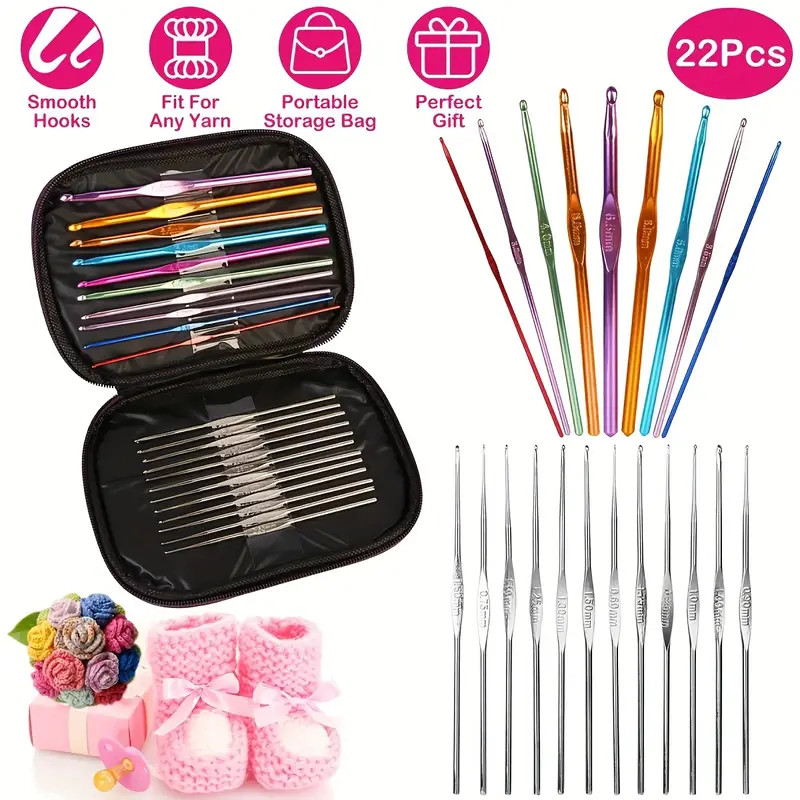 kit 22 peças De Ferramentas De Agulhas colorido Crochê de Tricô Alumínio para Fio Ponto Cruz Manual  22 peças (com caixa