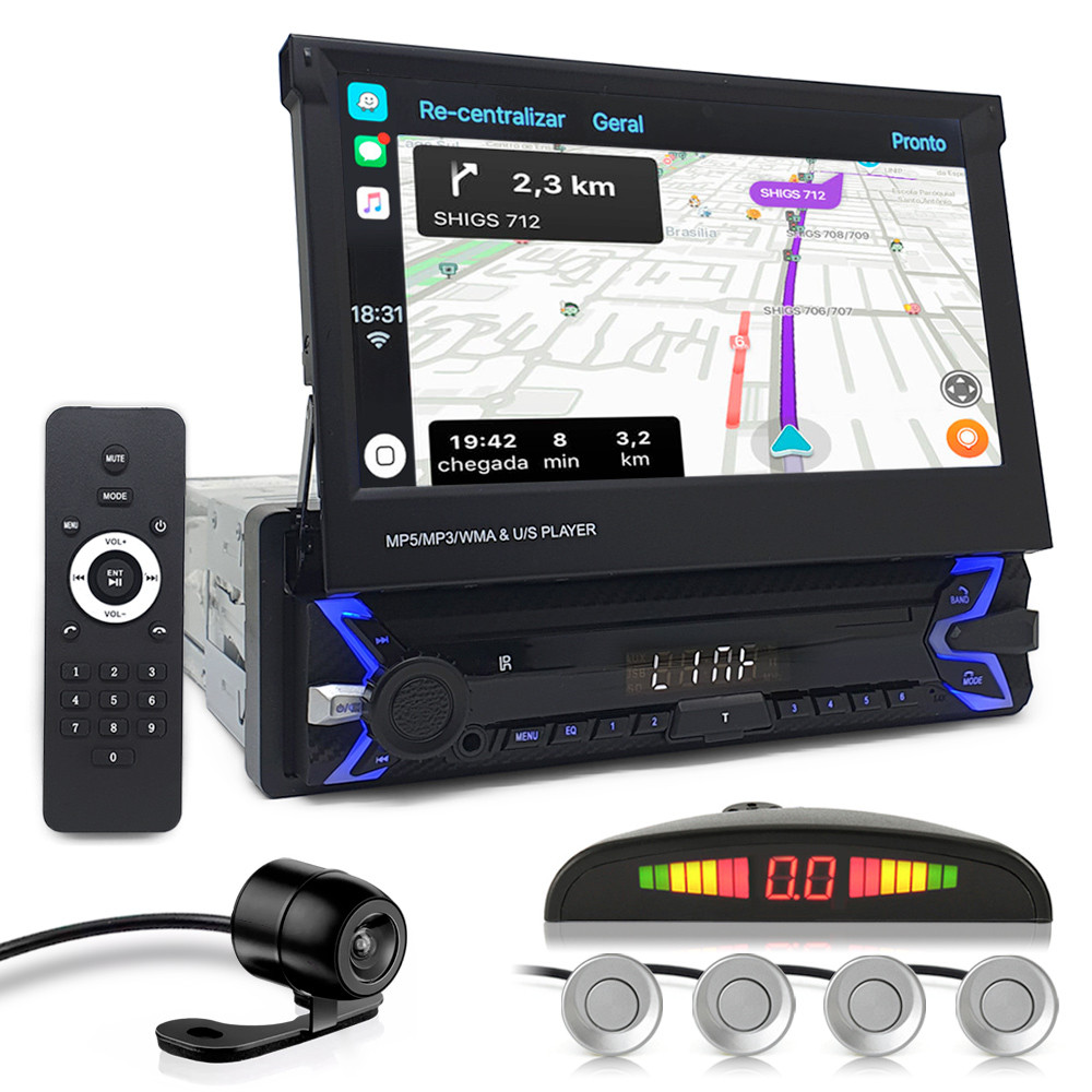 Kit Multimídia Tela Retrátil + Câmera Ré + Sensor Ré Prata Palio G3 2004 2005 2006 2007 2008 2009 Espelhamento