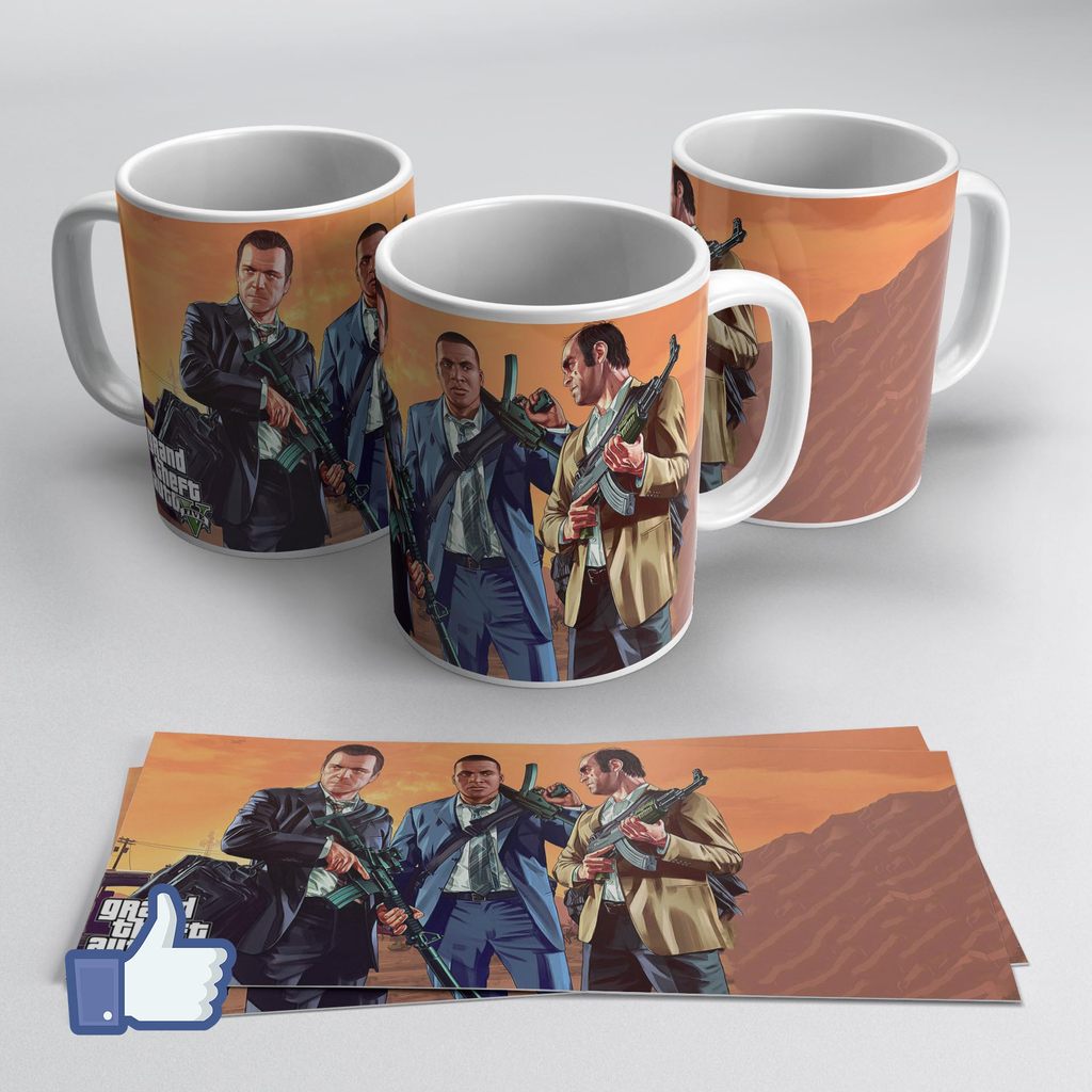 Caneca Porcelana Grand Theft Auto V GTA 5 Michael Franklin Trevor Personalizada Design Exclusivo 325ml Premium