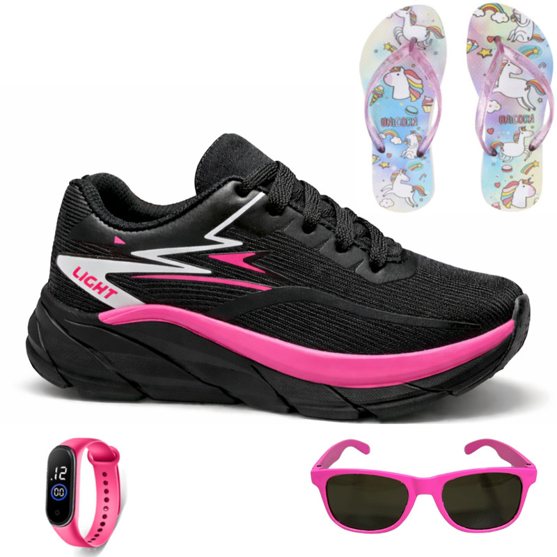Conjunto com Tênis Infantil para Meninas Leve Macio para Escola e Uso Diário + Chinelo + Óculos + Relógio