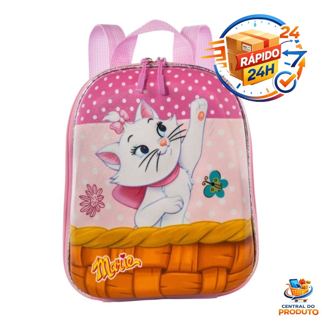 Mochila Infantil Gatinha Marie P Rosa Estampa Exclusiva Alças Acolchoadas Zíper Duplo