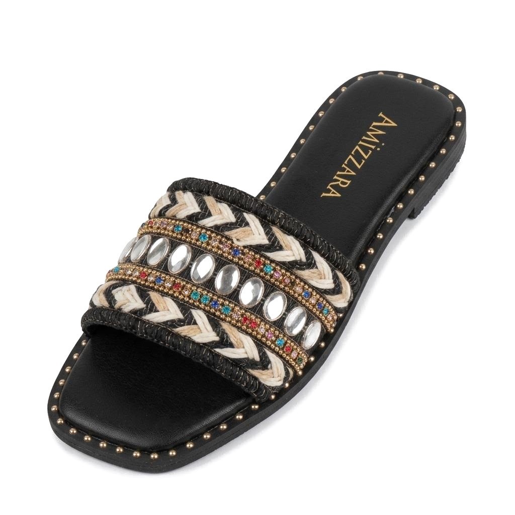 Rasteira Feminina Indiana Boho Metalizada Preta Sandália Artesanal Bico Quadrado Leve Confortável