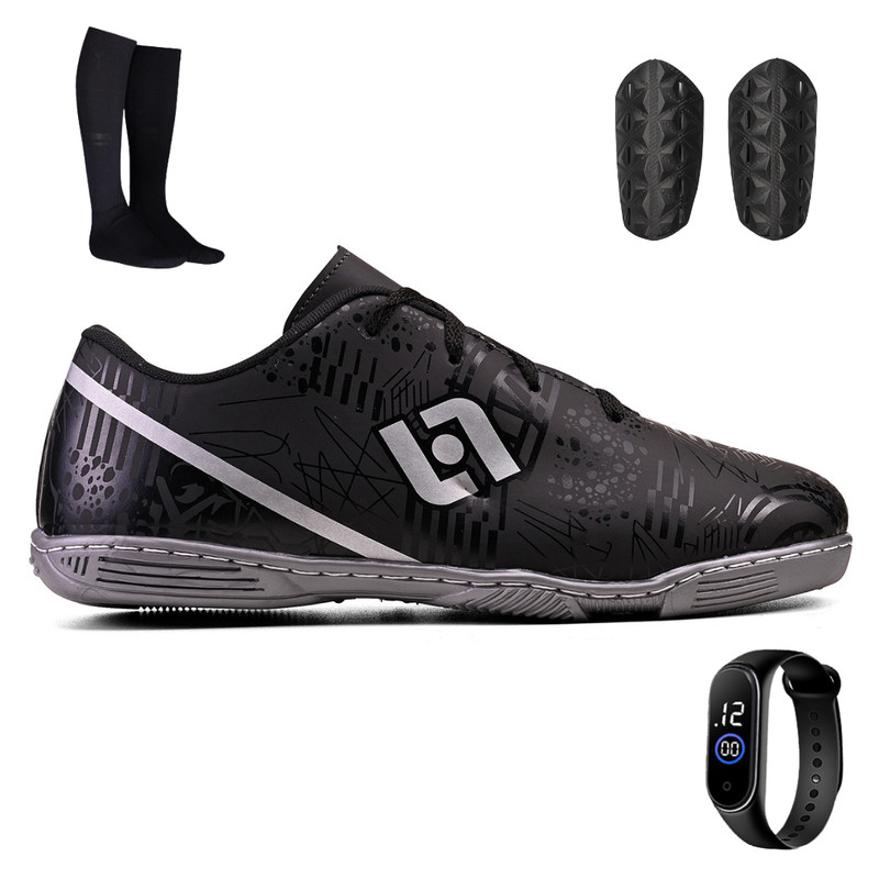 Chuteira Infantil Futsal Leve + Meião + Relógio e Caneleira