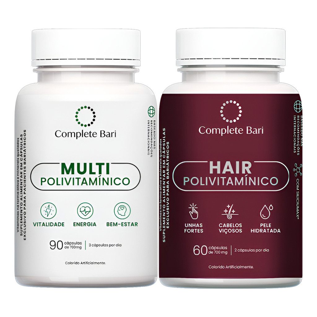 Kit Complete Bari Multi Bariátrico 23 Nutrientes + Hair Cabelo Pele Unhas Biotina Vitamina D