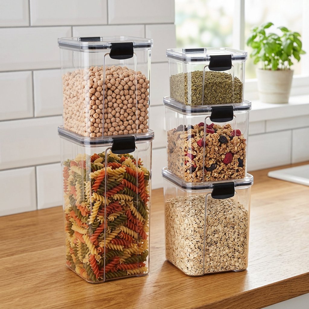 Conjunto 5 Potes Herméticos Empilháveis Acrílico Cristal com Trava 950ml 1,4L 2,15L