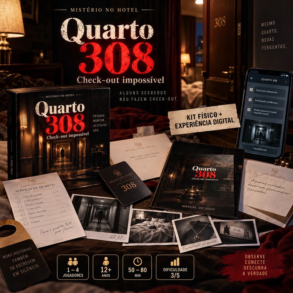 Caixa do jogo Escape Room Quarto 308 Check-out Impossível, com envelopes