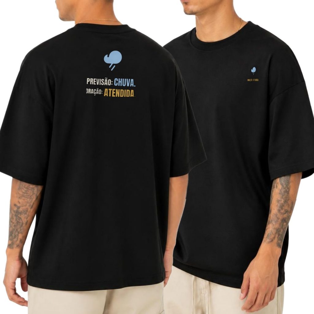 Camiseta Oversized Agro Previsão Chuva Oração Atendida Streetwear Unissex Masculina Feminina Estampada Costas Presente