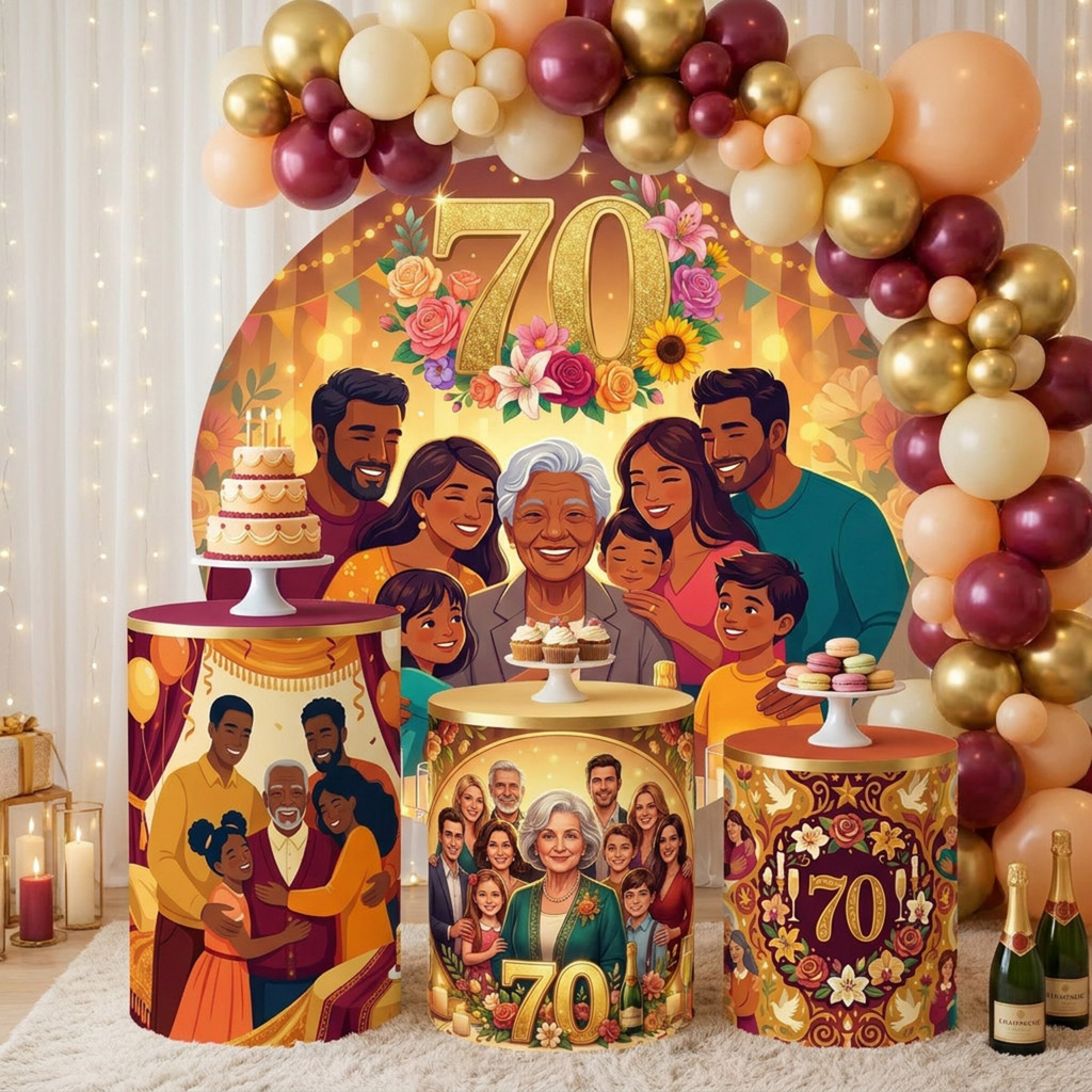 Painel Redondo Aniversário 70 Anos + 3 Cilindros Decorativos Festa (COD: 3258)