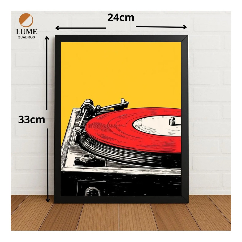 Quadro Decorativo Música Retrô Vitrola 24x33cm Com Vidro Preto