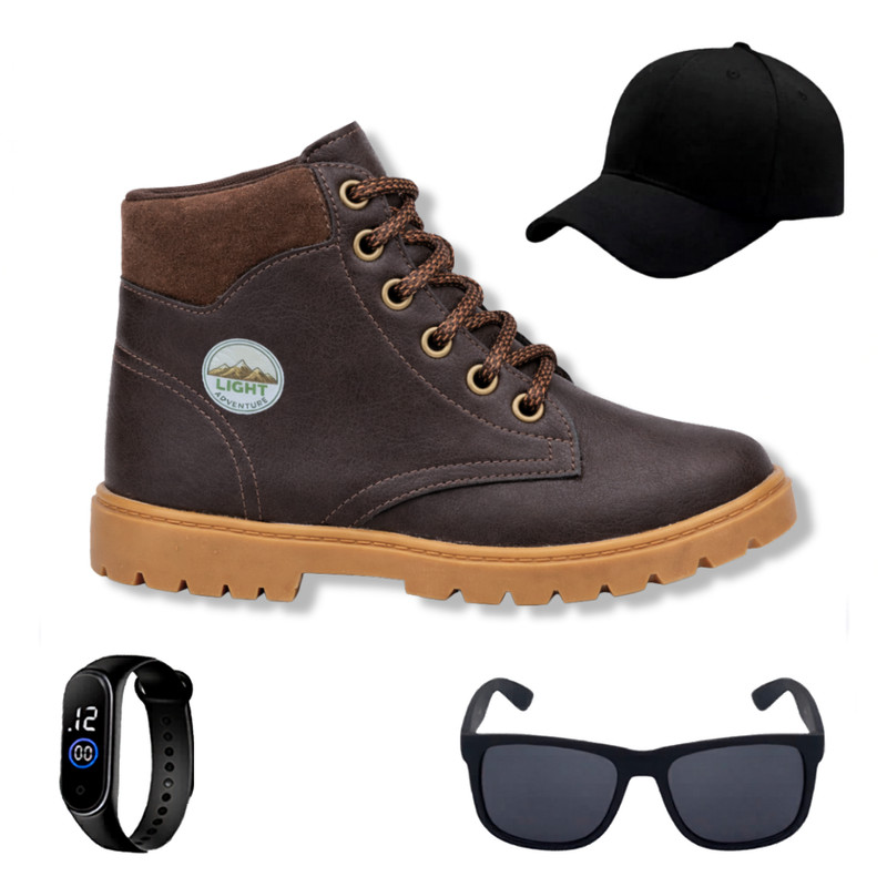 Kit Botinha Infantil Meninos Ideal para Uso Casual Adventure Festa Junina + Boné Infantil + Relógio + Óculos