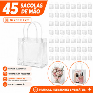 16x15x7cm, 45 sacos transparentes para presentes em PVC, reutilizáveis, à prova d'água, com alça e botões de pressão