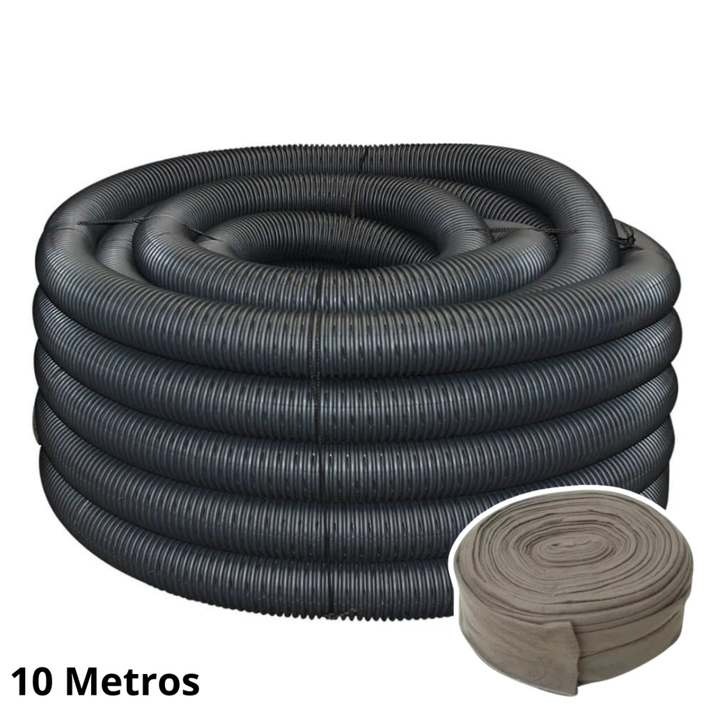 Tubo Duto PEAD Corrugado Dreno Perfurado 4 pol (100mm) Rolo 10M para Drenagem e Construção Kit com Camisa de Bidim