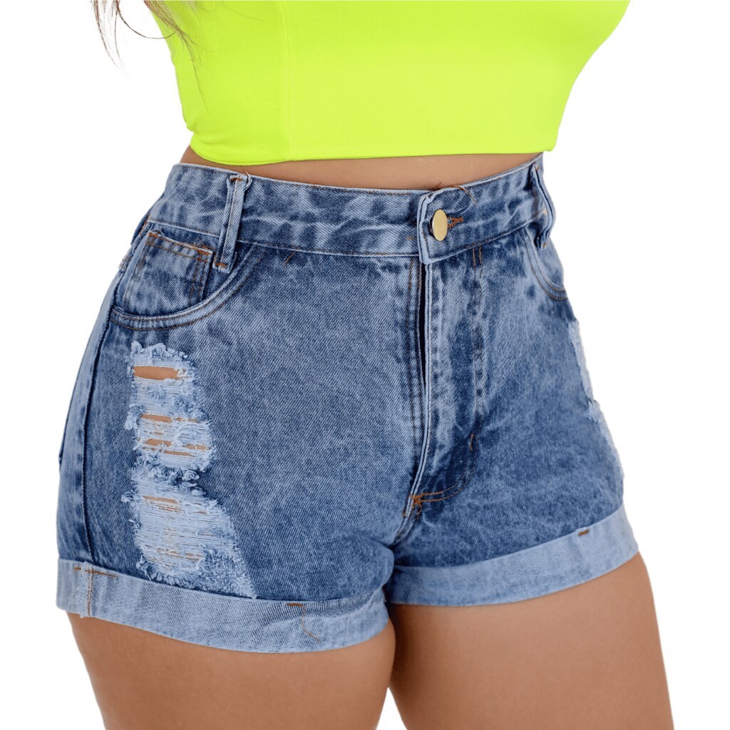 Short Jeans Feminino Soft Chuviscado Cós Alto Barra Dobrada, Savane Jeans