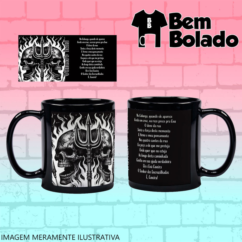 Caneca Preta Exu Caveira  Tridente Caveiras e Fogo  Caneca Personalizada