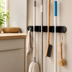 Suporte de Parede Organizador Vassoura Rodo e Utensilios 33cm 4 Fixadores 5 Ganchos Lavanderia Cozinha e Area de Servico