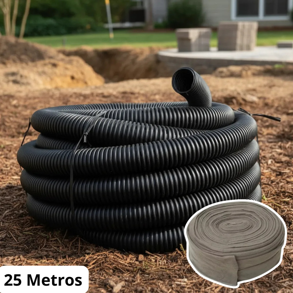 Tubo Duto PEAD Corrugado Dreno Perfurado 2.1/2 pol (65mm) Rolo 25 Metros para Construção Kit com Camisa de Bidim