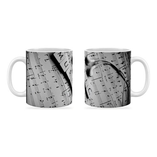 Caneca Músico Palavra MUSIC Fone de Ouvido Partitura Preto e Branco Presente DJ Estudante